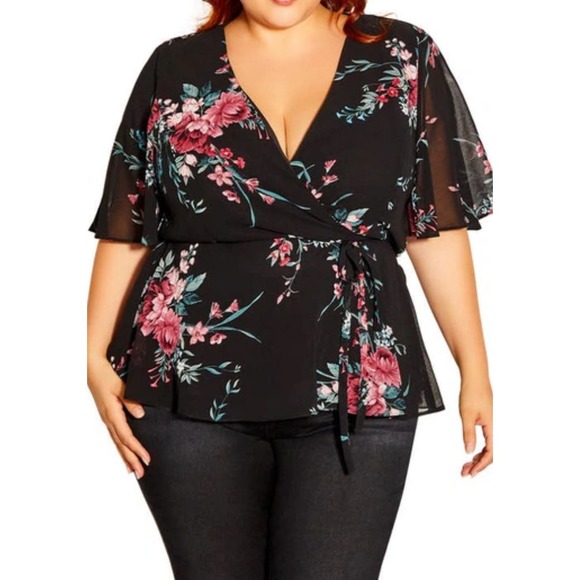 City Chic Josephine Top - Black XL * Elegant Peplum Silhouette Flutter Sleeves - Picture 1 of 8